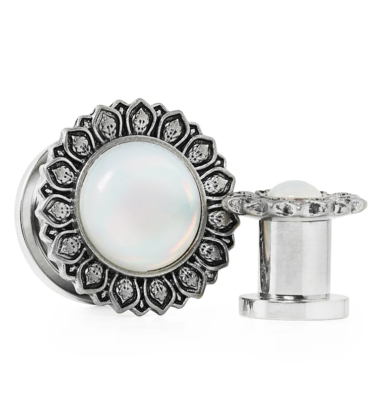 Lotus Flower White Opalite Stainless Steel Tunnel Plugs - Mrs Treak