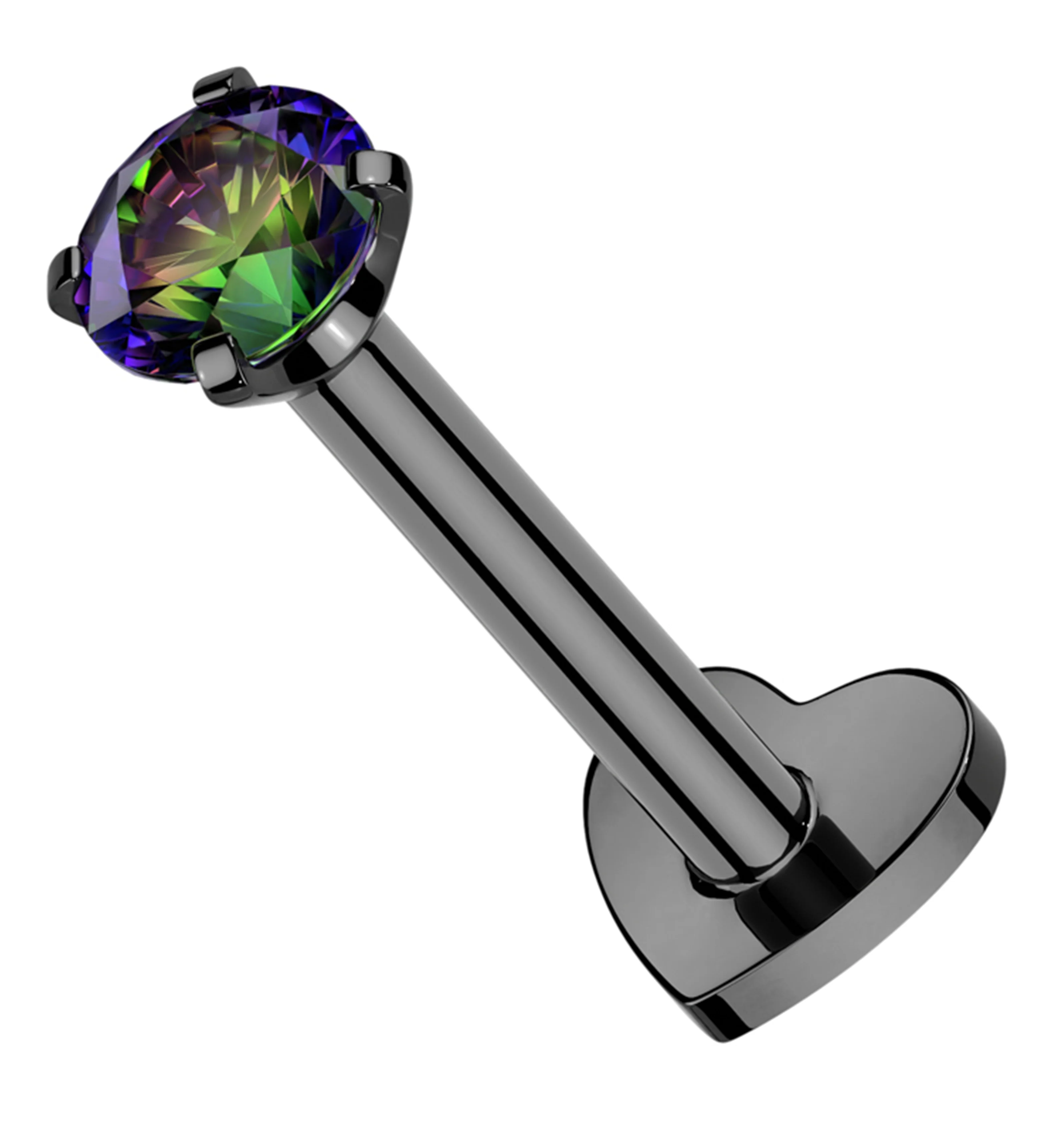 Black PVD Prong Black Aurora CZ Internally Threaded Titanium Heart Disk Labret - Mrs Treak