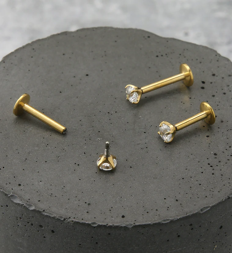 Gold PVD Clear CZ Prong Labret Stud (Convex Disk) - Mrs Treak