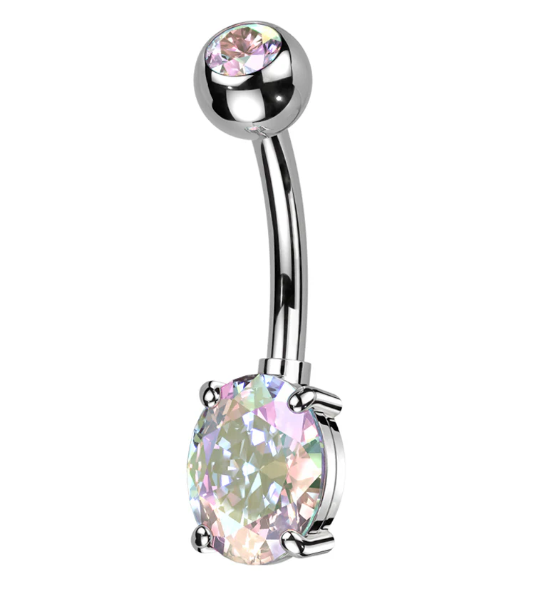 Oval Prong Rainbow Aurora CZ Titanium Belly Button Ring - Mrs Treak