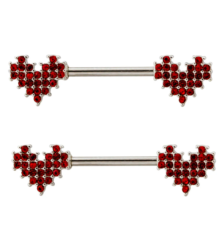 Red Pixel CZ Hearts Stainless Steel Nipple Barbell - Mrs Treak