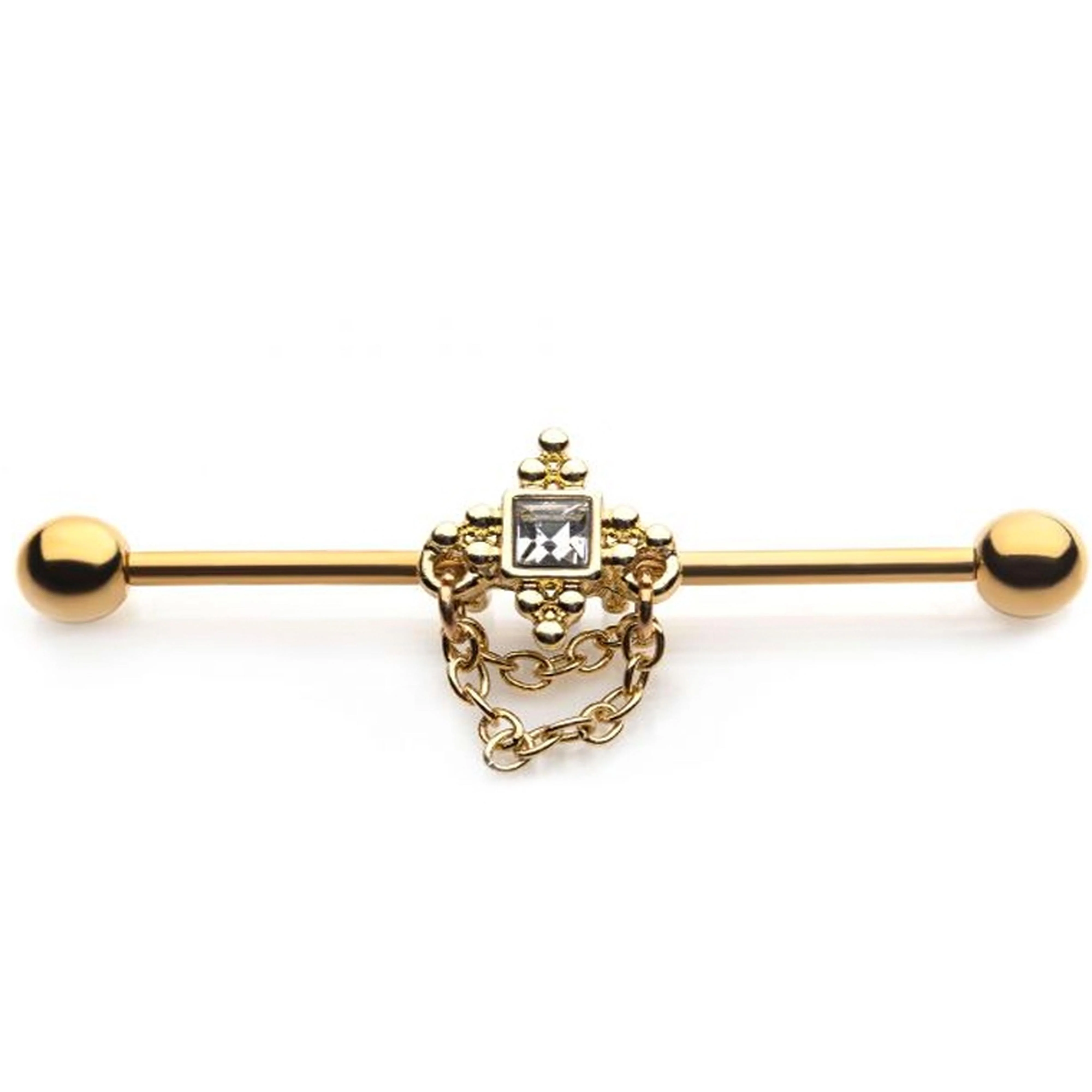 Gold PVD Square Gem Chained Industrial Barbell - Mrs Treak