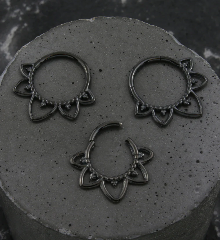 Black PVD Beaded Flower Trace Hinged Segment Ring - Mrs Treak