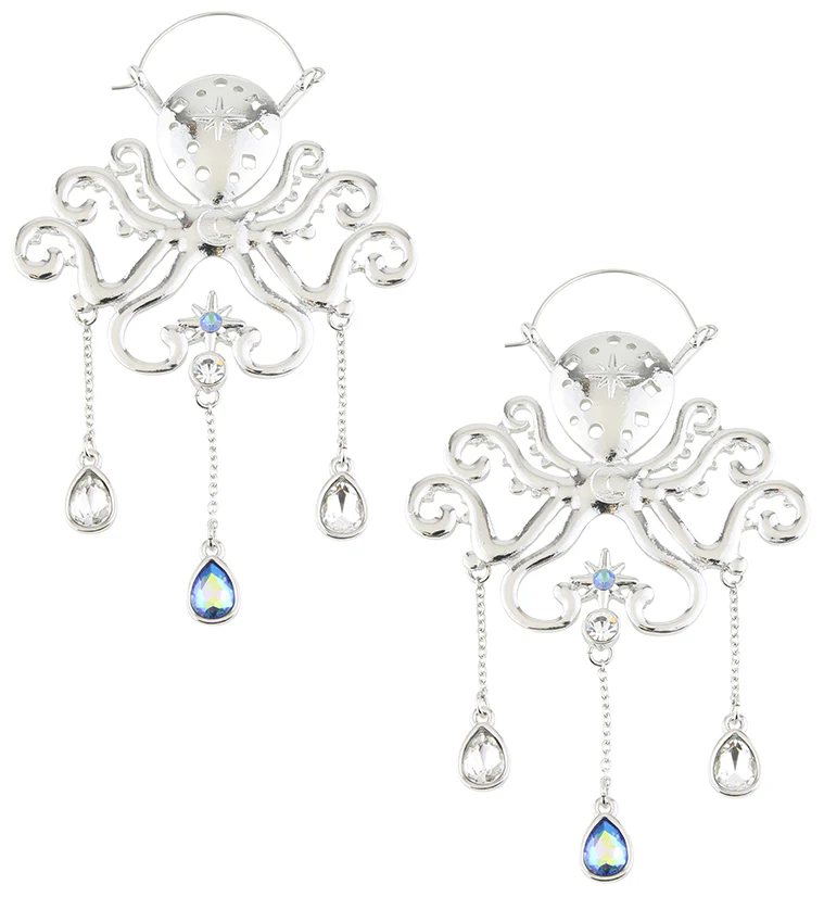 Octopus Teardrop Rainbow Aurora Dangle Stainless Steel Plug Hoops - Mrs Treak