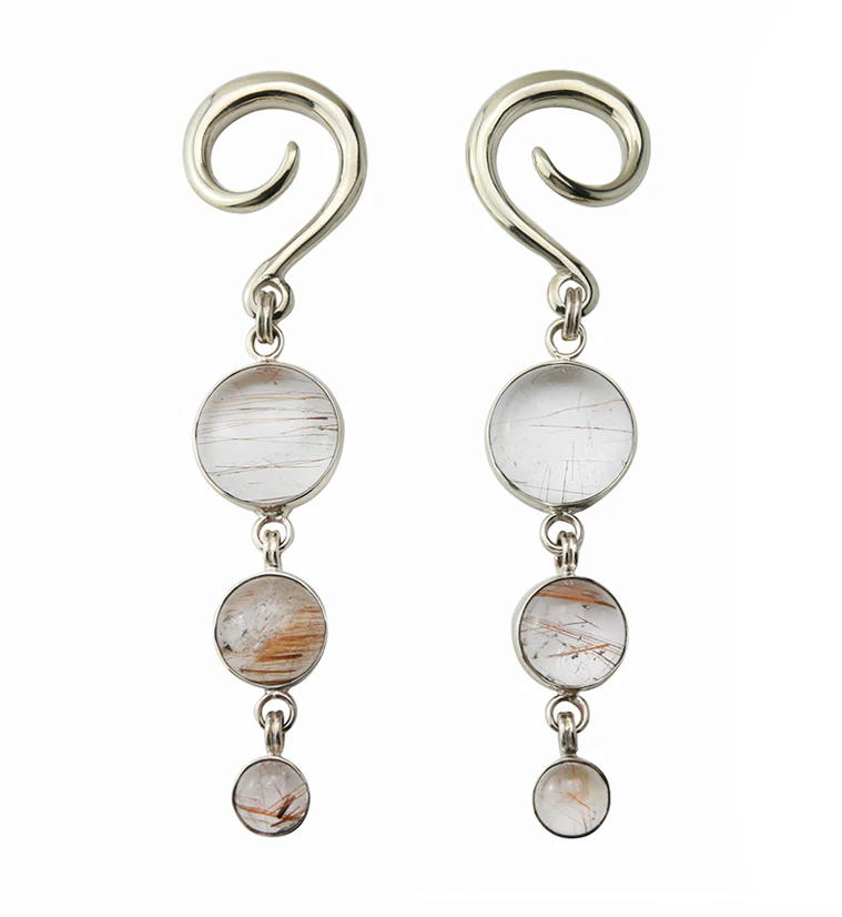 Triple Rutilated Quartz Stone Hanging Ear Weights - Mrs Treak