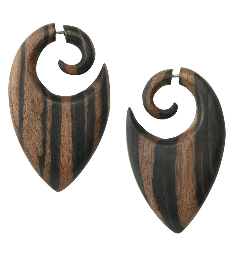 Shield Areng Wood Fake Gauge Spiral Earrings - Mrs Treak