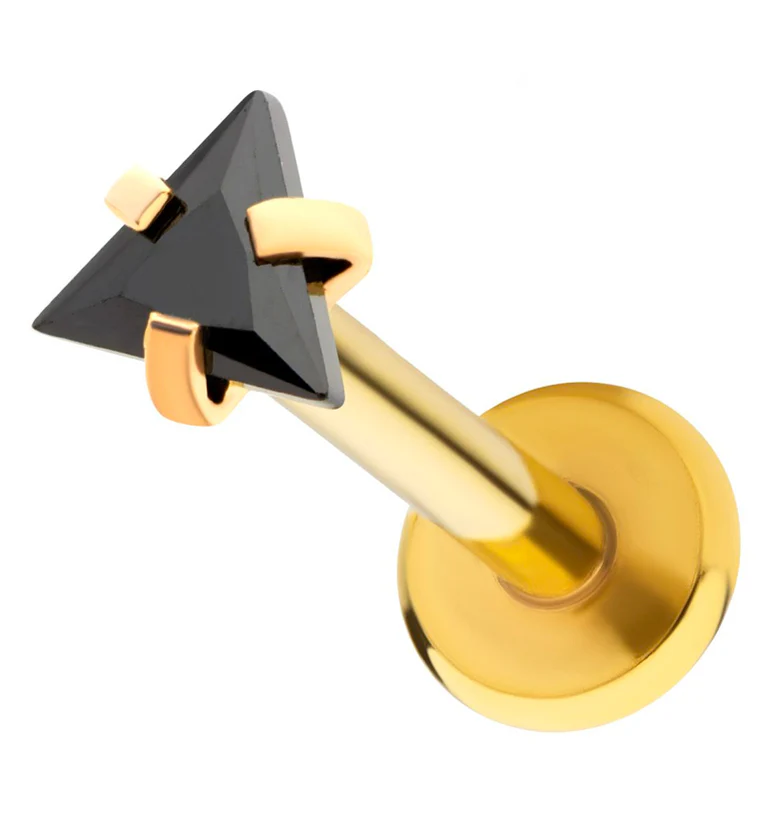 Gold PVD Triangle Black CZ Stainless Steel Internally Threaded Labret - Mrs Treak