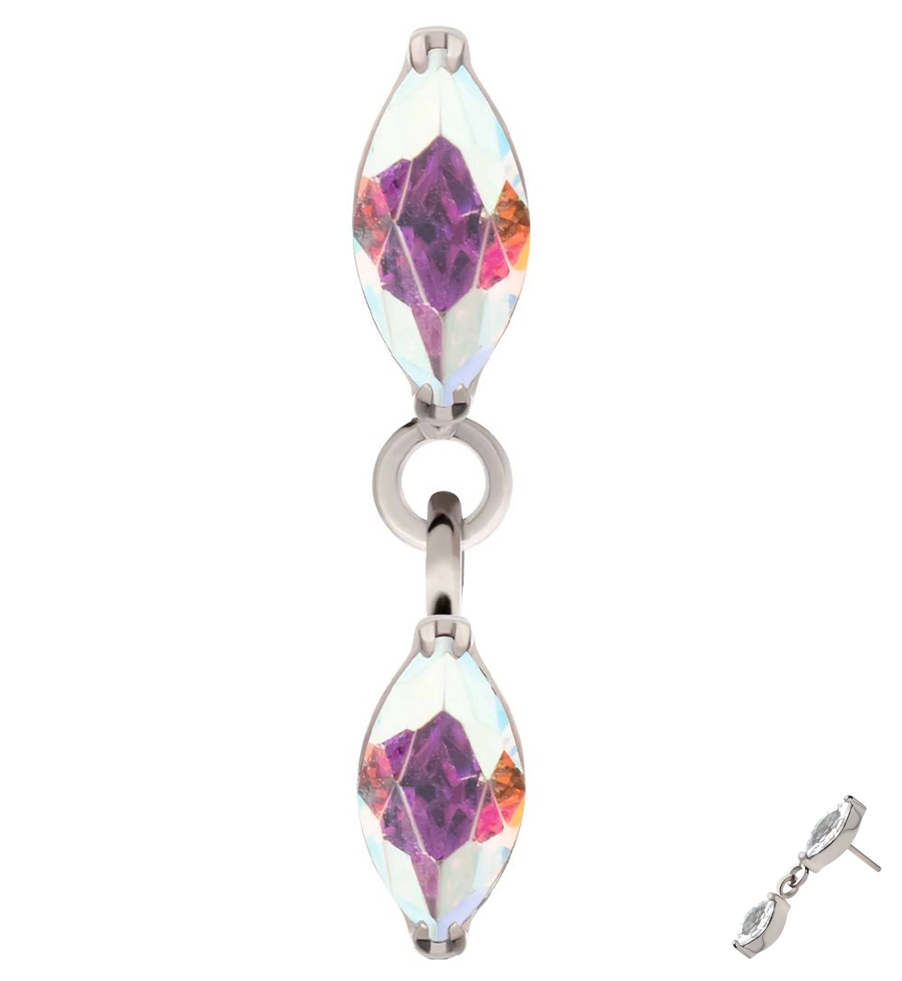 Double Marquise Rainbow Aurora CZ Dangle Titanium Threadless Top - Mrs Treak