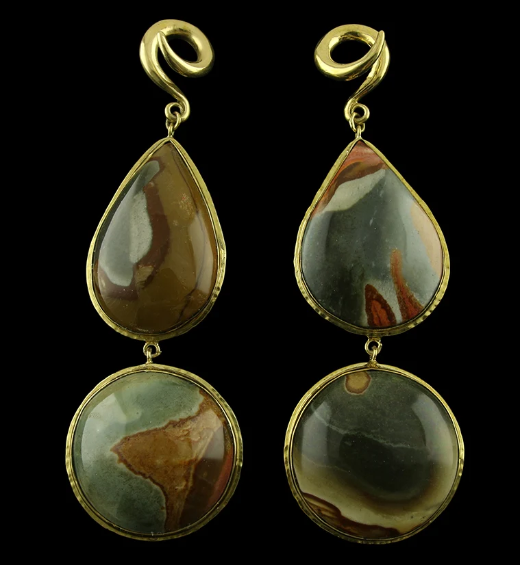 V8 Double Polychrome Ocean Jasper Stone Brass Ear Weights - Mrs Treak