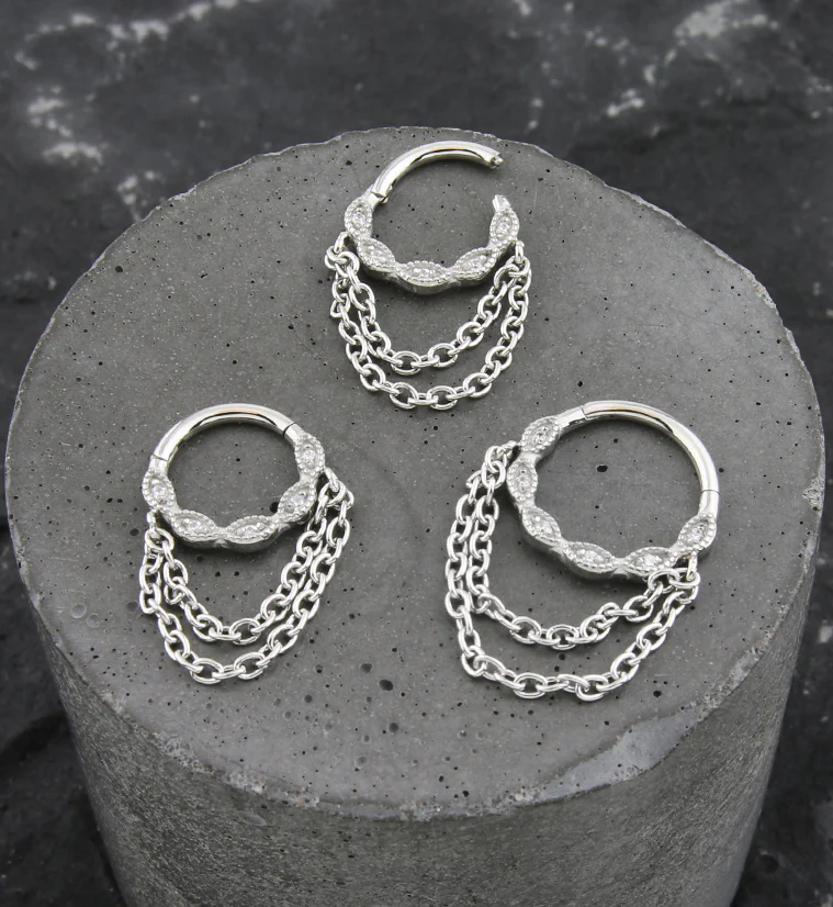 Twist Beaded CZ Double Dangle Chain Stainless Steel Hinged Segment Ring - Mrs Treak