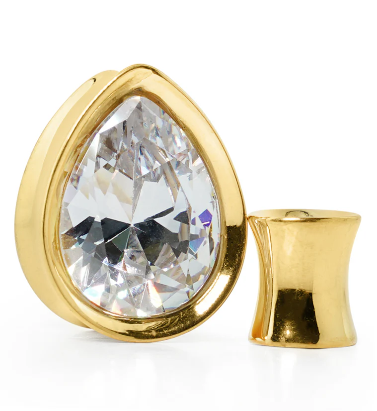 Gold PVD Teardrop Clear CZ Stainless Steel Tunnels - Mrs Treak