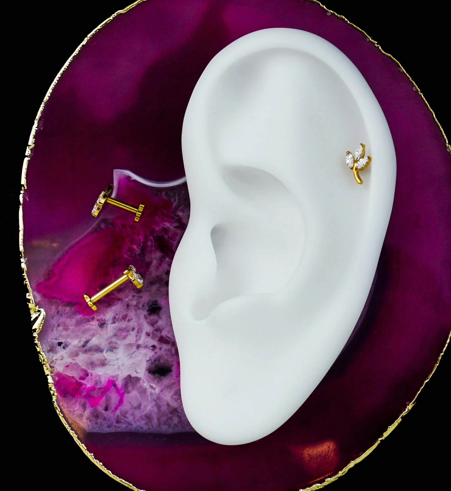 Gold PVD Marquise Leaf Clear CZ Flower Back Titanium Threadless Labret - Mrs Treak