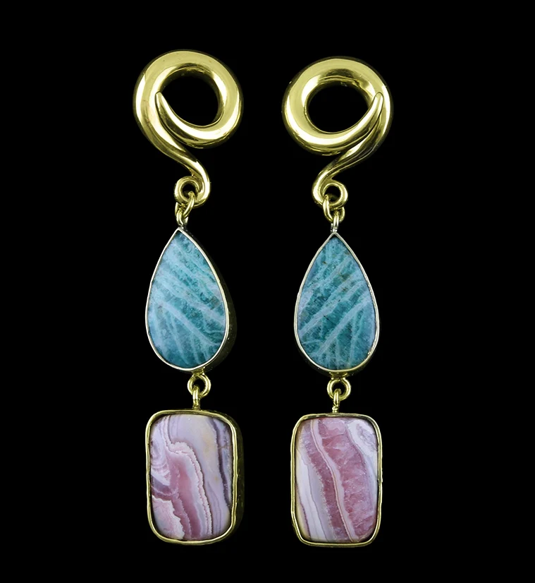 Amazonite X Rhodochrosite Stone Ear Weights Version 2 - Mrs Treak