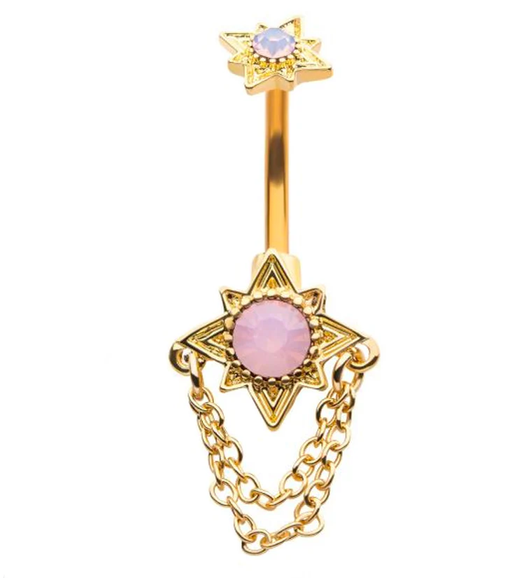 Gold PVD North Star Pink Opalite Dangle Chain Belly Button Ring - Mrs Treak