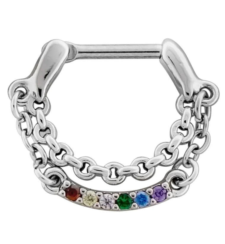 Rainbow CZ Dangle Chain Stainless Steel Hinged Segment Ring - Mrs Treak