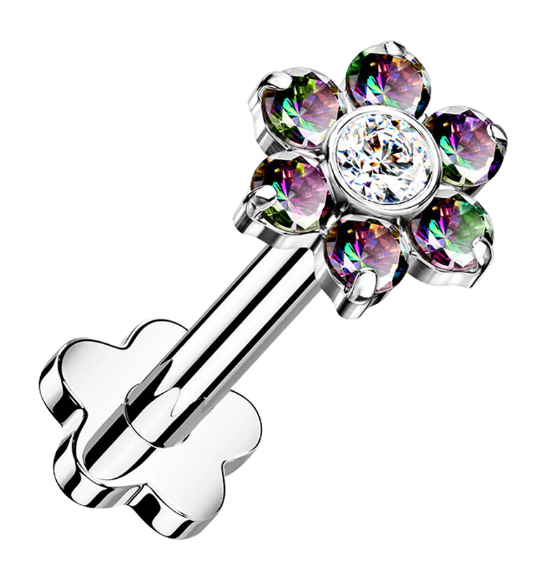Black Aurora CZ Flower Titanium Threadless Labret - Mrs Treak