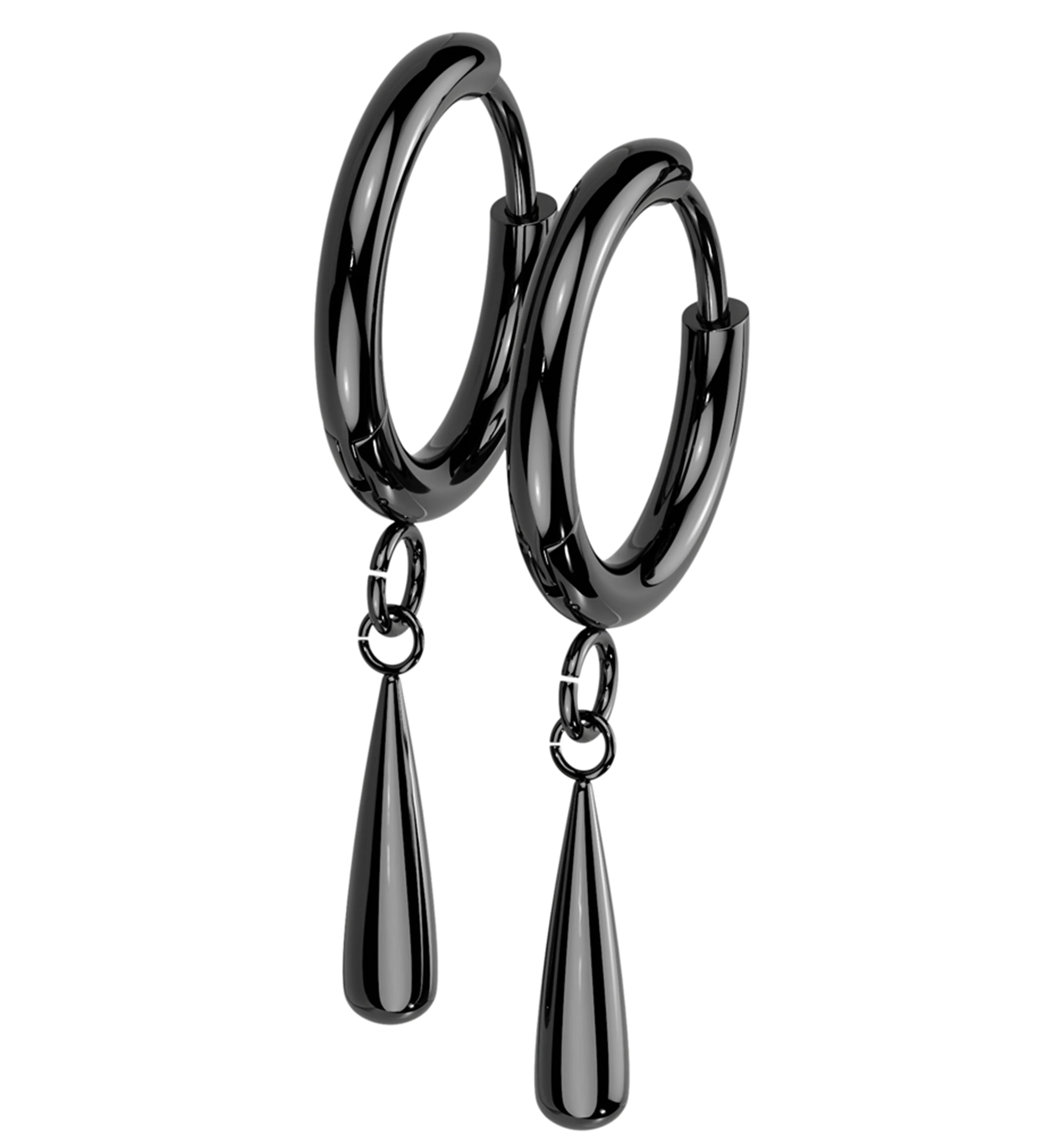 Black PVD Titanium Teardrop Dangle Hinged Hoop Huggie Earrings - Mrs Treak