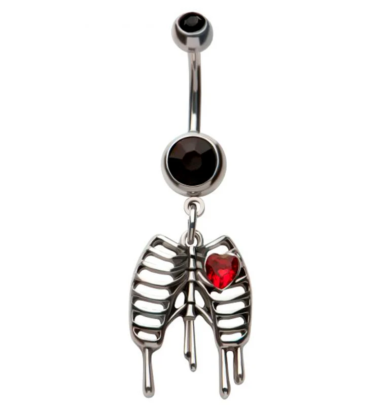 Dripping Ribcage Red Heart CZ Stainless Steel Belly Button Ring - Mrs Treak