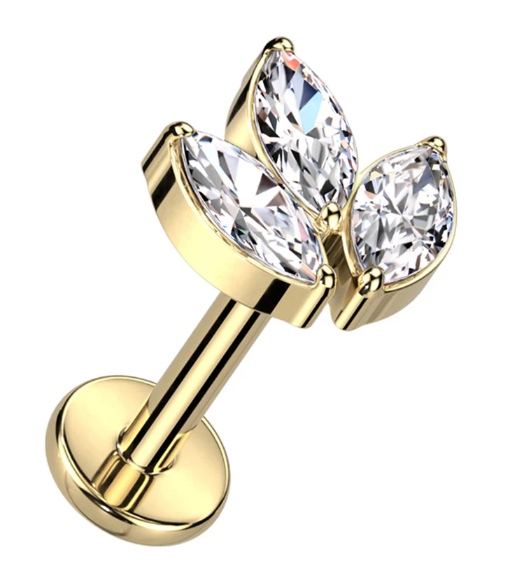 Gold PVD Tri Sepal Clear CZ Titanium Internally Threaded Labret - Mrs Treak