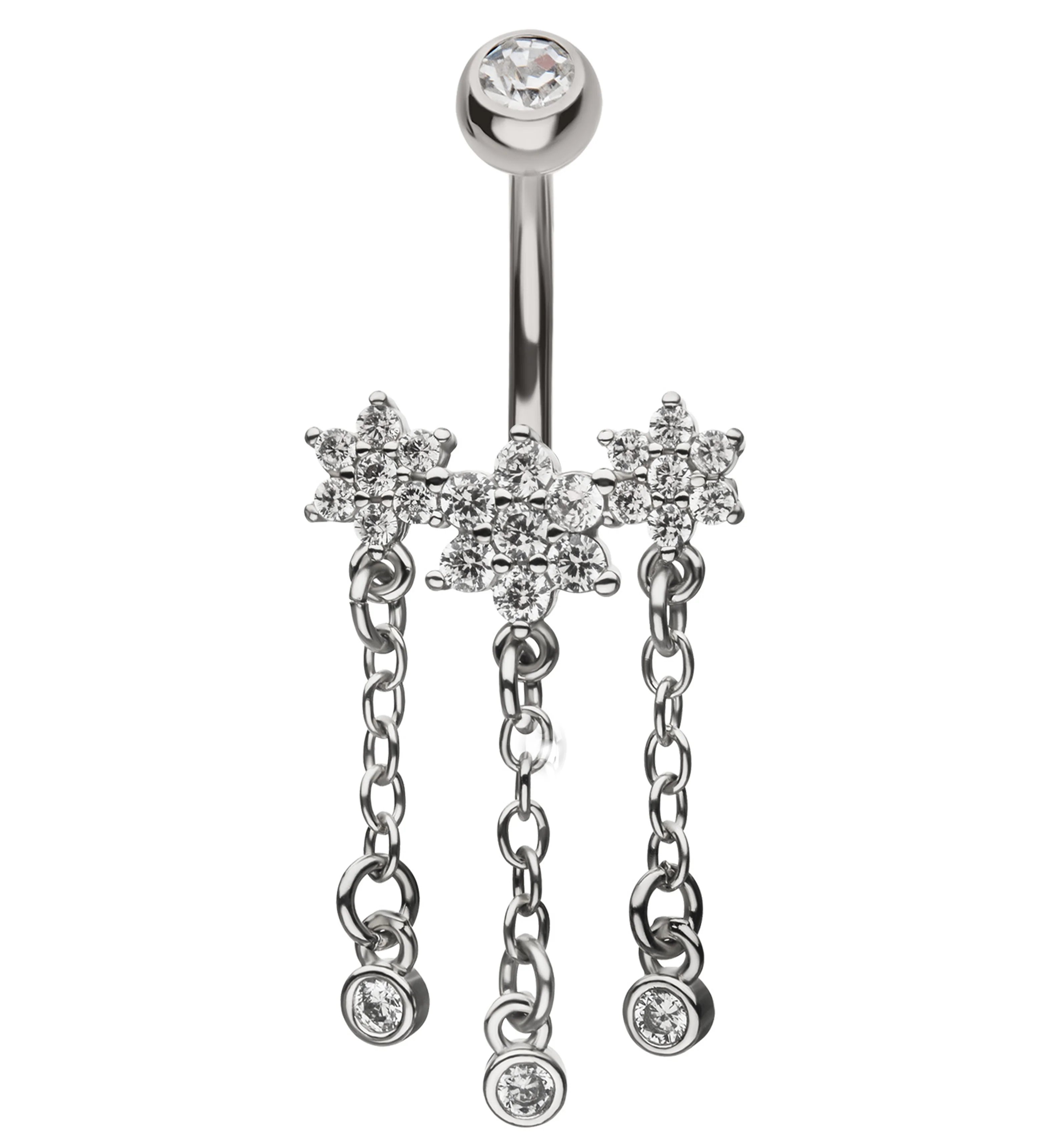 Flower Trio Clear CZ Dangle Stainless Steel Belly Button Ring - Mrs Treak