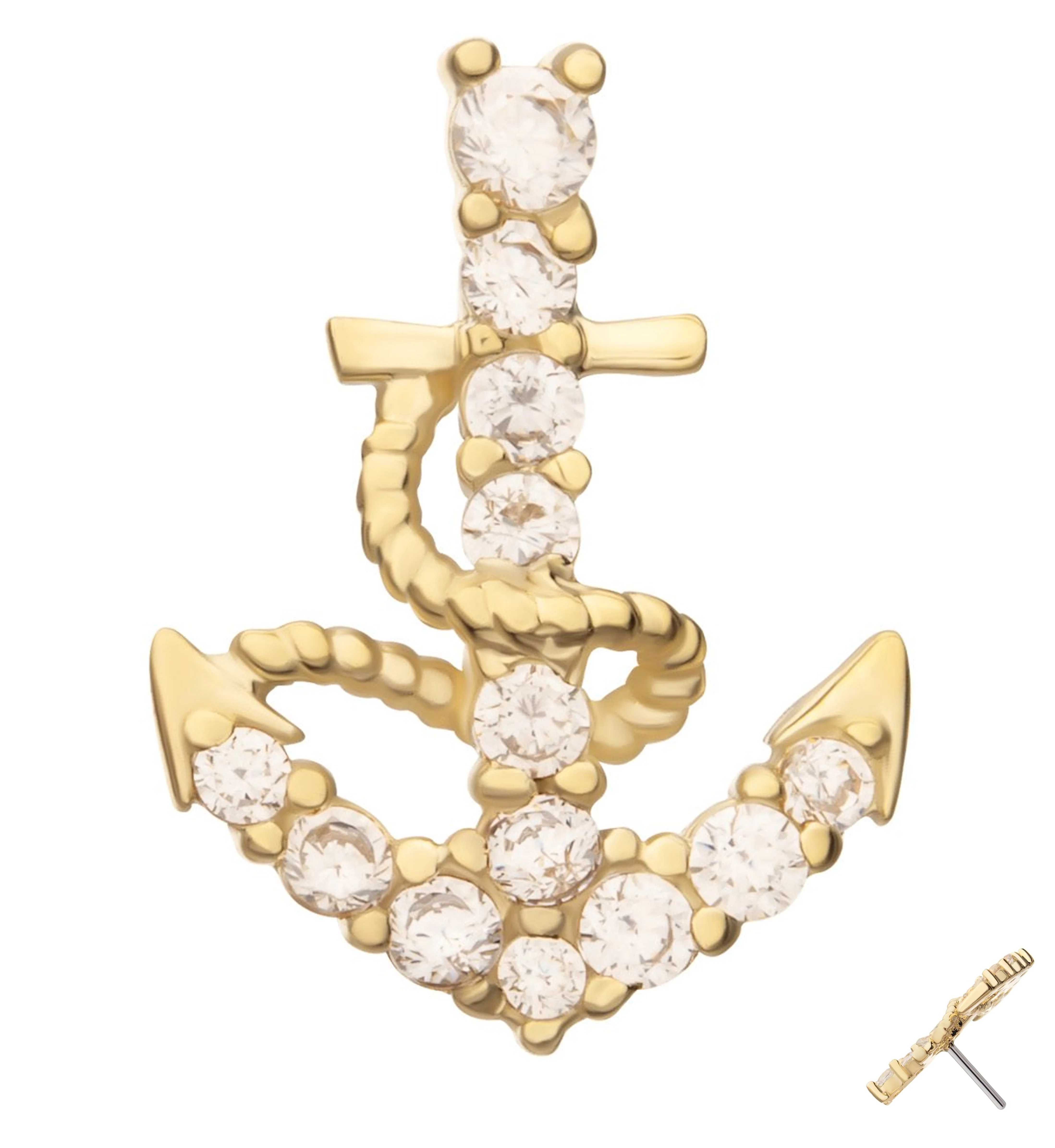 14kt Gold Rope And Anchor Clear CZ Threadless Top - Mrs Treak