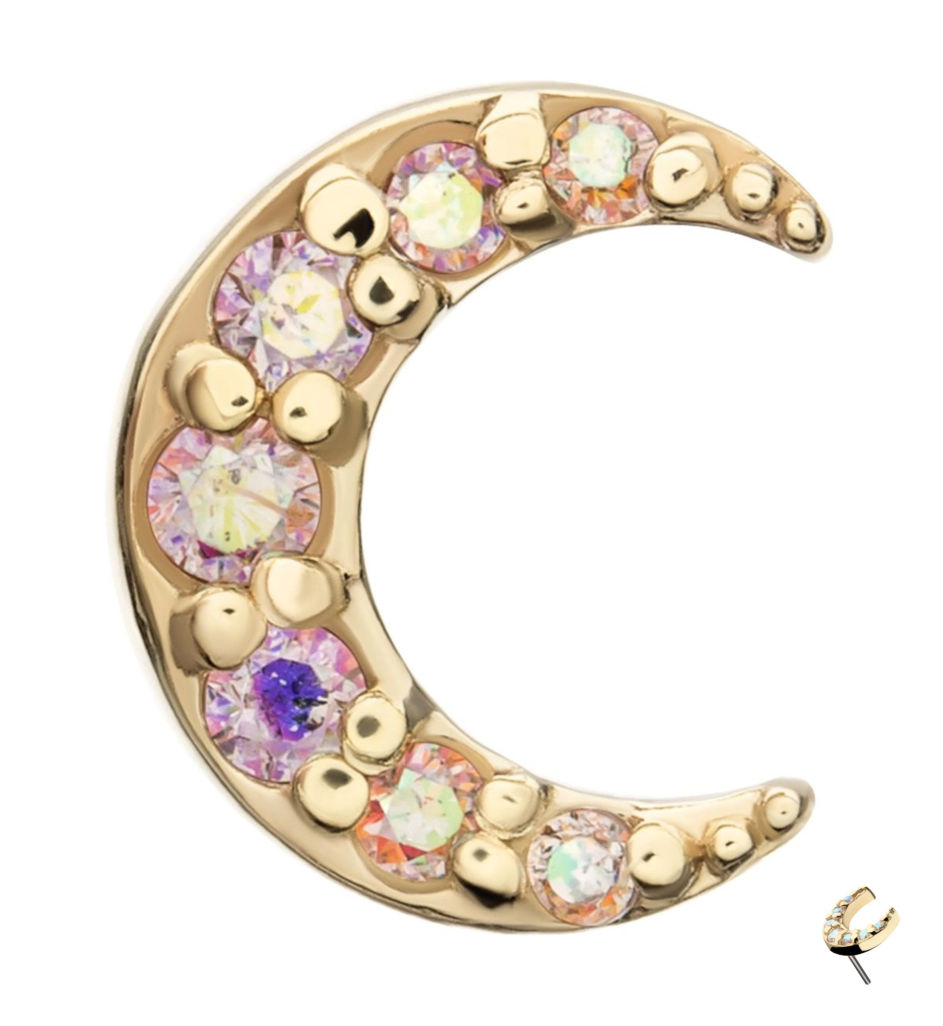 14kt Gold Pave Crescent Moon Rainbow Aurora CZ Threadless Top - Mrs Treak