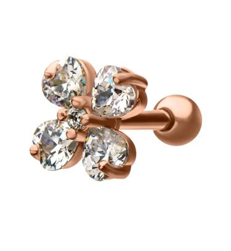18G Rose Gold PVD Clover CZ Cartilage Barbell - Mrs Treak