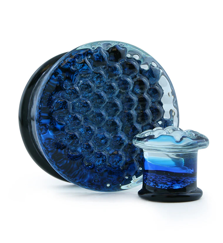 Blue Honeycomb Glass Double Flare Plugs - Mrs Treak