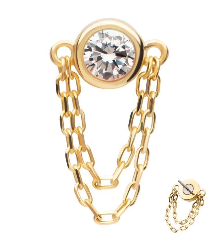 14kt Gold Clear CZ Double Dangle Chain Threadless Top - Mrs Treak