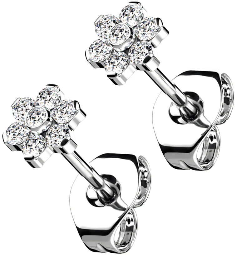 Flower Clear CZ Titanium Threadless Earrings - Mrs Treak