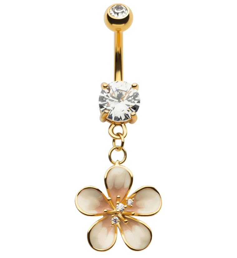 Gold PVD Painted White Flower Clear CZ Dangle Belly Button Ring - Mrs Treak