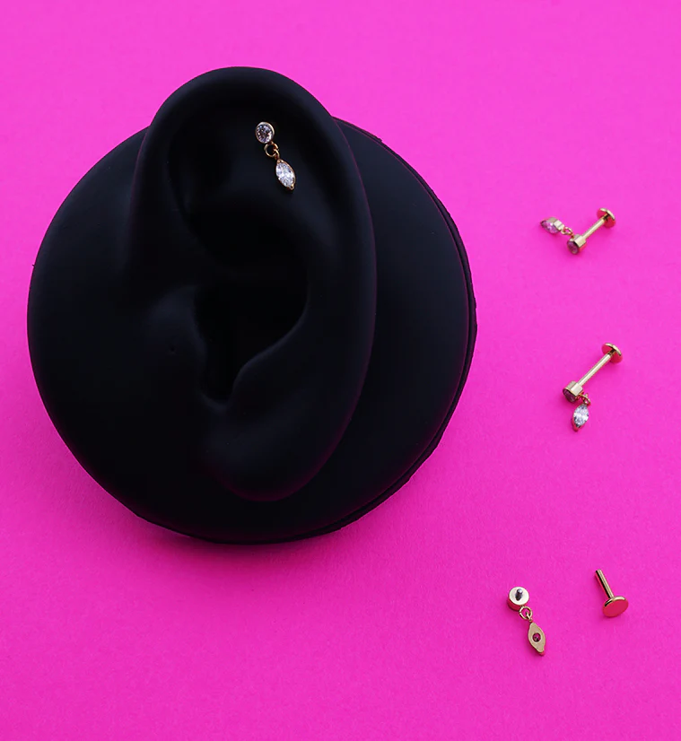 Gold PVD Dangle Marquise Clear CZ Internally Threaded Titanium Labret - Mrs Treak