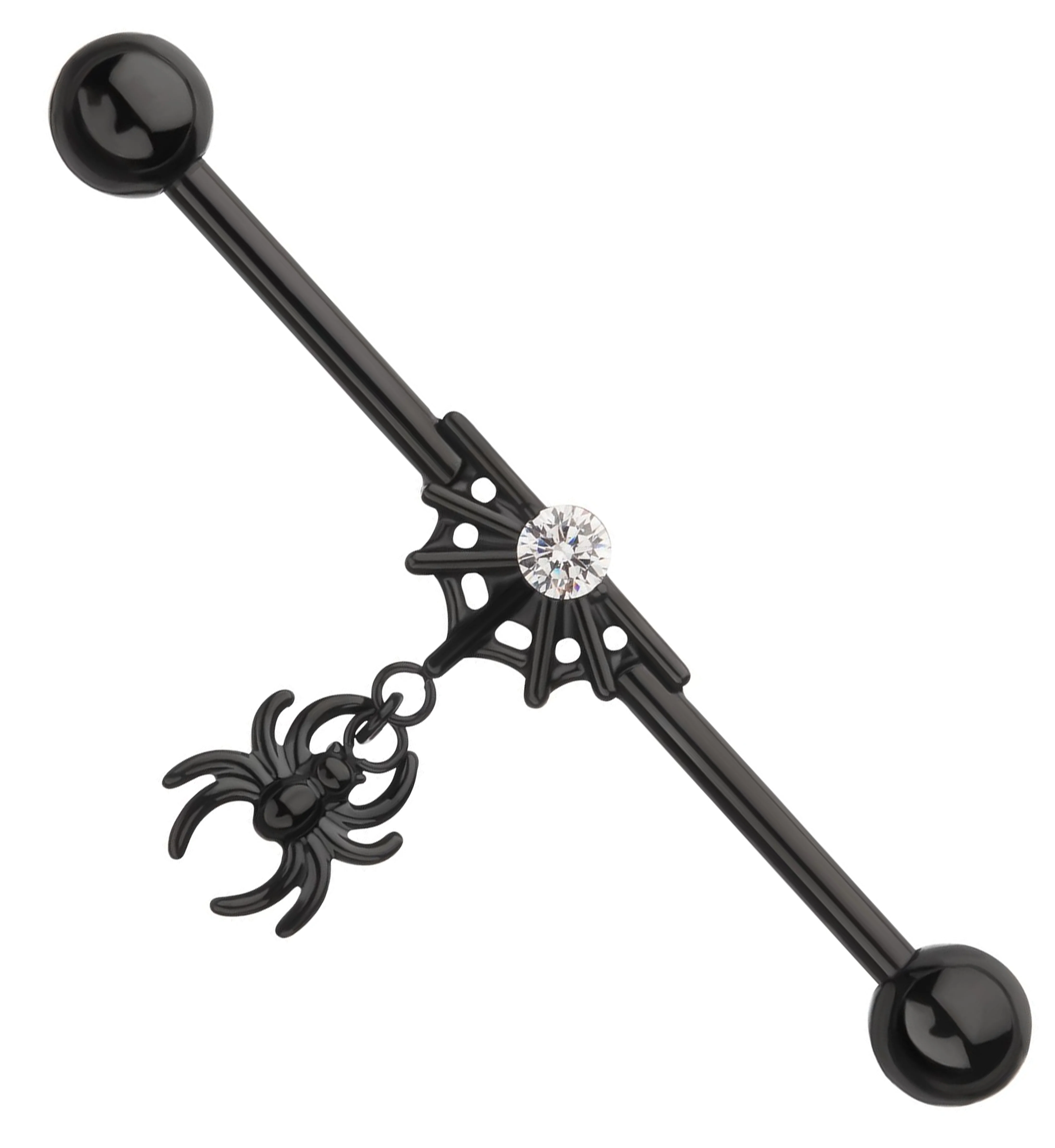 Black PVD Spiderweb Clear CZ Dangle Spider Internally Threaded Titanium Industrial Barbell - Mrs Treak