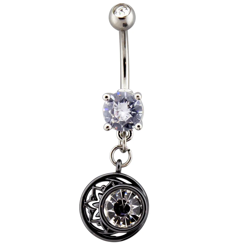 Black Crescent Moon Clear CZ Dangle Belly Button Ring - Mrs Treak