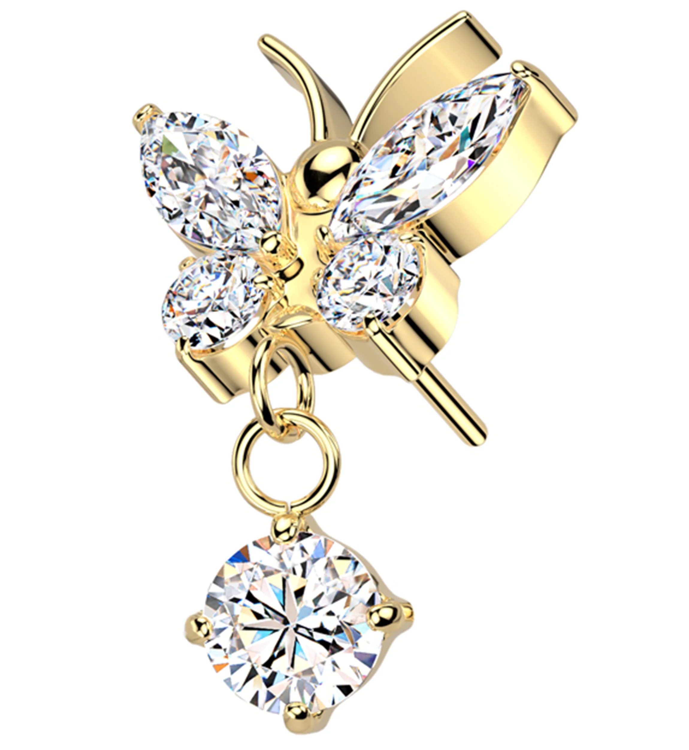 Gold PVD Butterfly Clear CZ Dangle Titanium Threadless Top - Mrs Treak