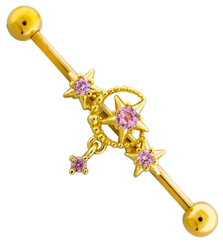 Gold PVD Moon and Stars Pink CZ Stainless Steel Industrial Barbell - Mrs Treak