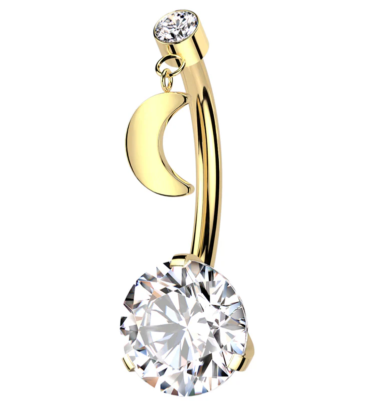 Gold PVD Clear CZ Dangle Half Moon Titanium Threadless Belly Button Ring - Mrs Treak