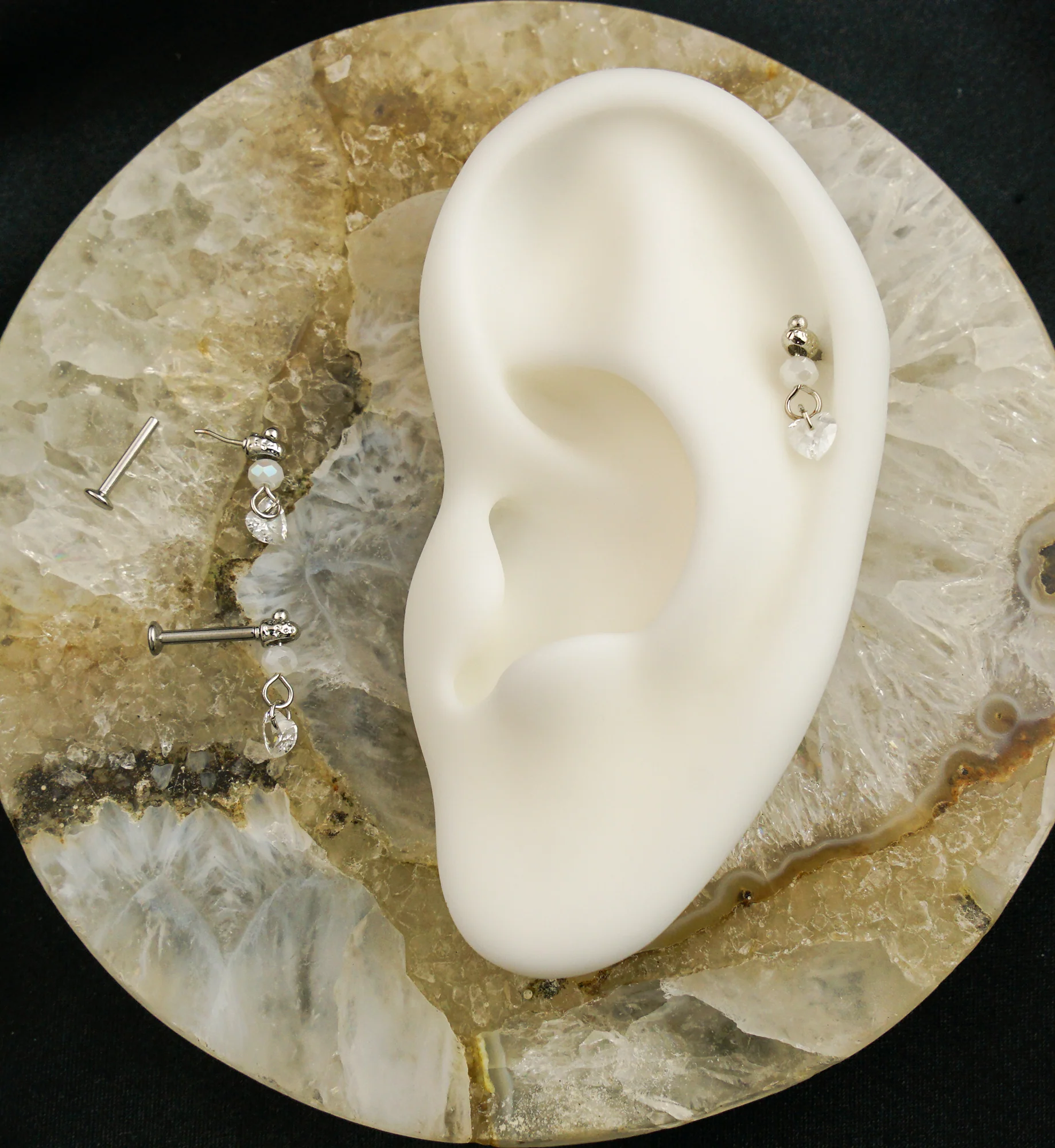 Faceted Bead Heart CZ Dangle Stainless Steel Convex Disc Threadless Labret - Mrs Treak