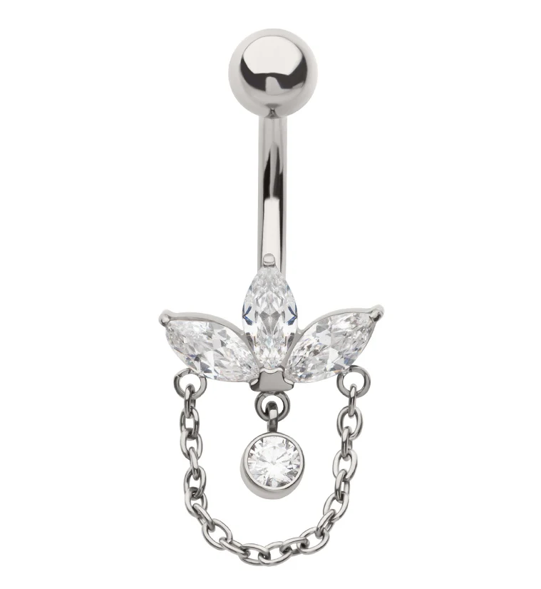 Sepal Clear CZ Dangle Internally Threaded Titanium Belly Button Ring - Mrs Treak