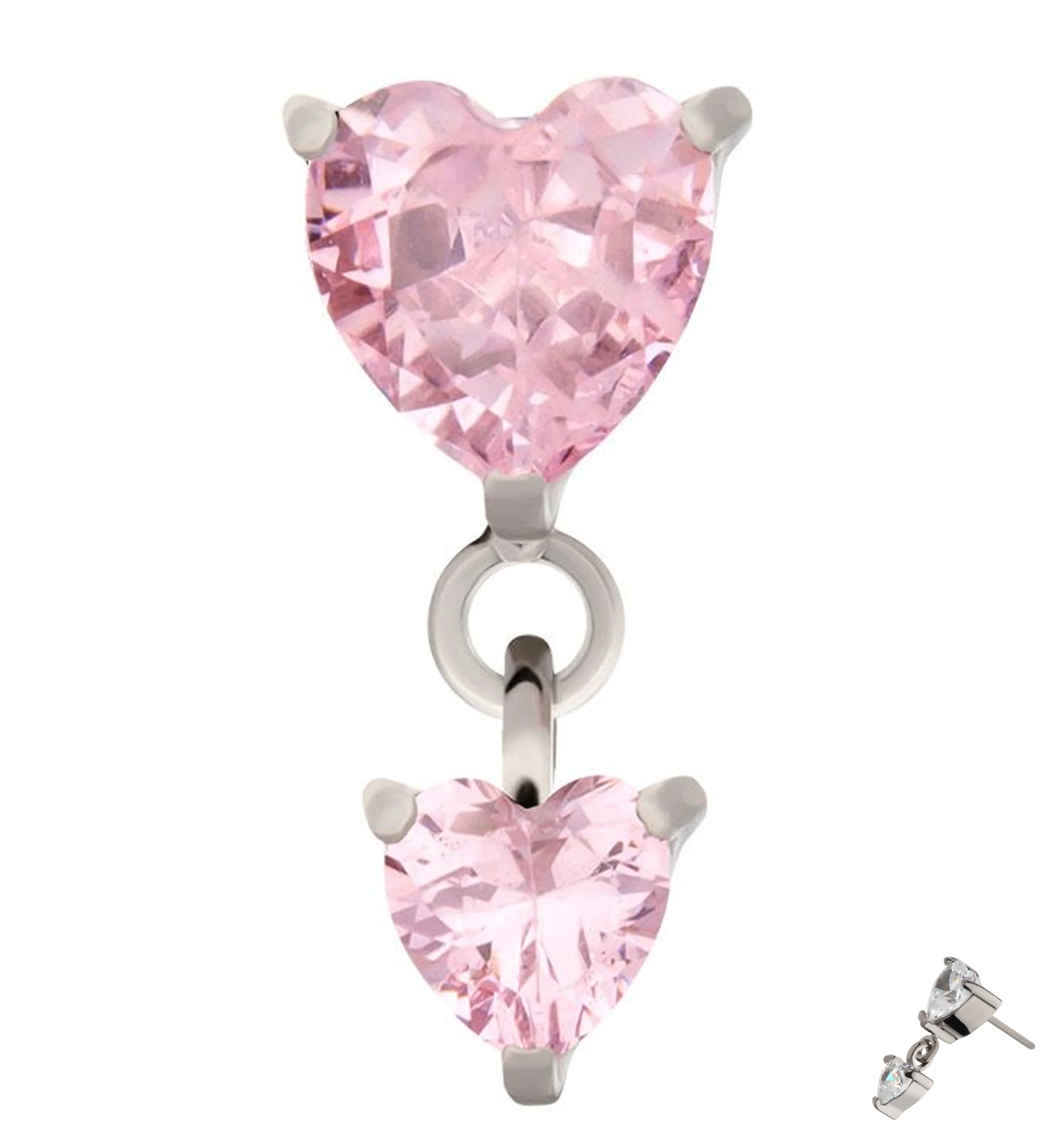 Double Heart Pink CZ Dangle Titanium Threadless Top - Mrs Treak
