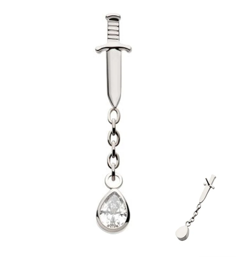 Dagger Dangle Chain Teardrop Clear CZ Threadless Top - Mrs Treak