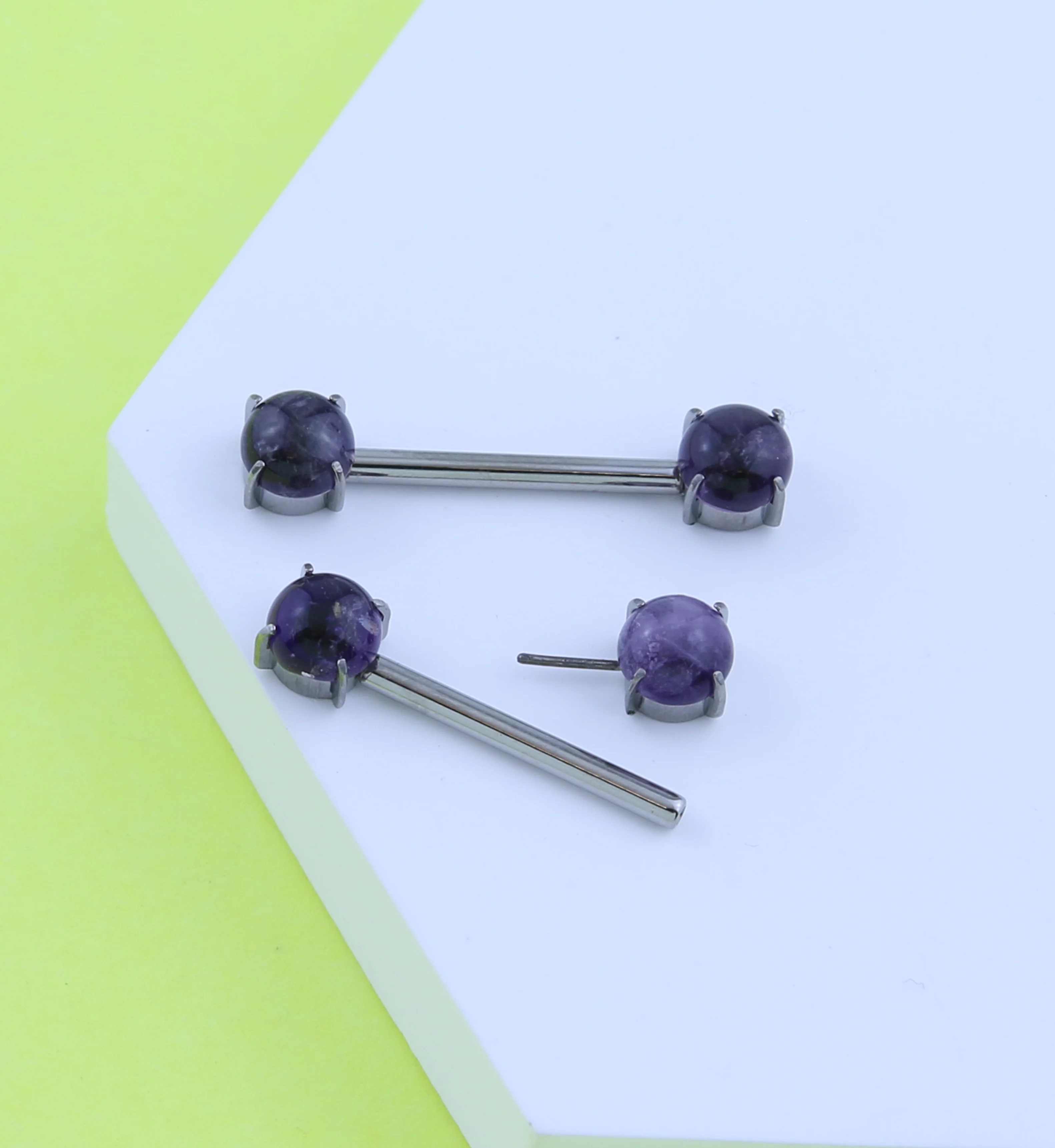 Double Amethyst Stone Threadless Titanium Nipple Barbells - Mrs Treak