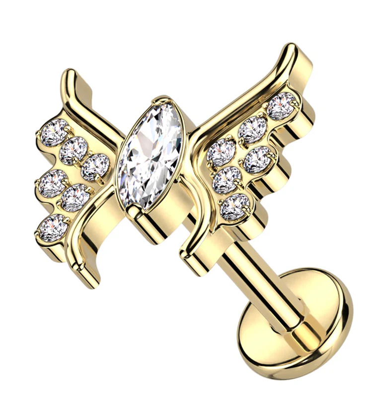 Gold PVD Wings Clear CZ Internally Threaded Titanium Labret - Mrs Treak