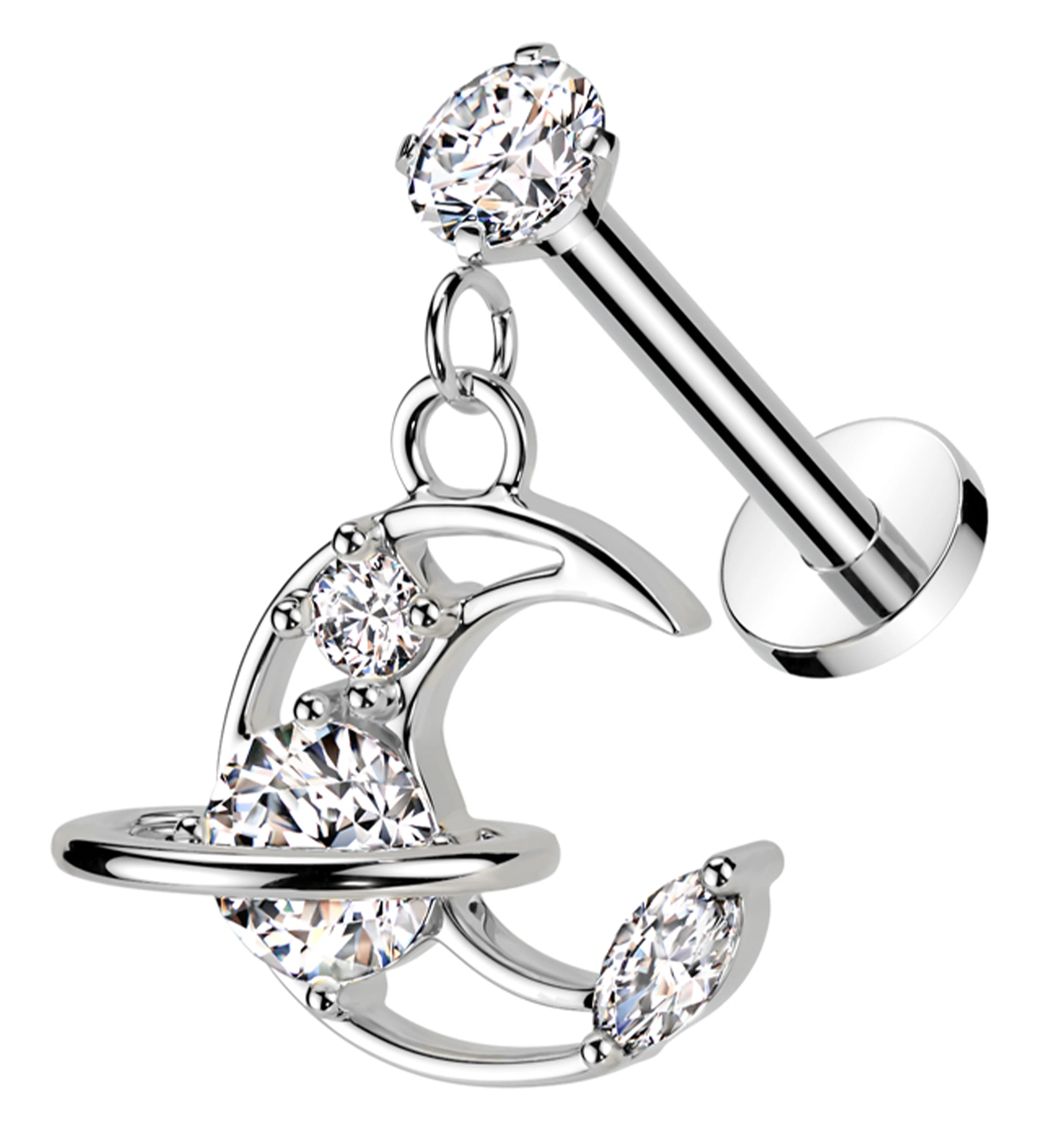 Saturn Crescent Moon Dangle Clear CZ Internally Threaded Stainless Steel Labret - Mrs Treak