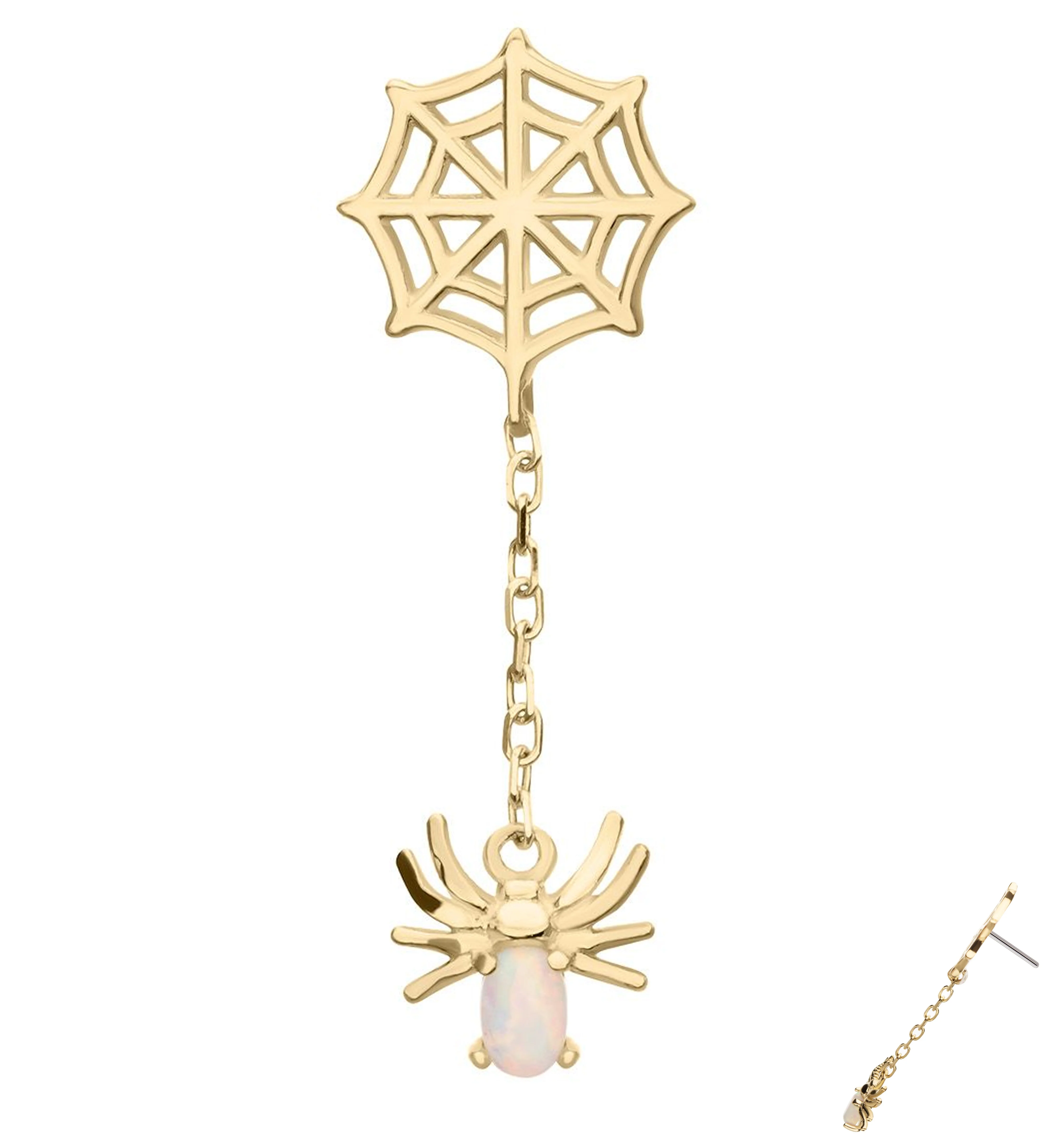 14kt Gold Spiderweb Dangle Spider White Opalite Threadless Top - Mrs Treak