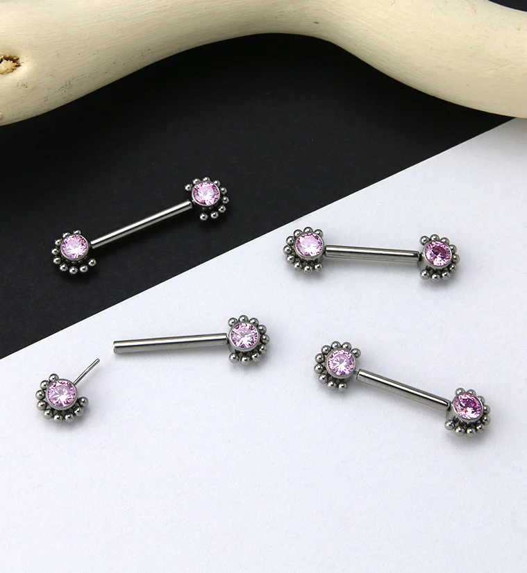 14G Encirc Double Pink CZ Threadless Titanium Nipple Ring Barbell - Mrs Treak