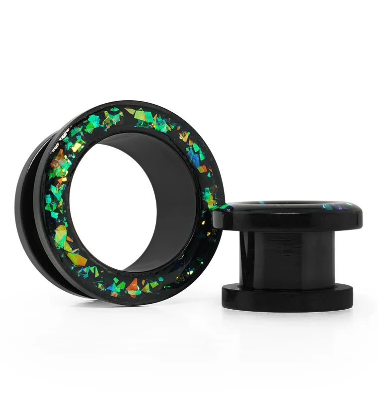 Black PVD Glitter Green Opalite Stainless Steel Screw Back Tunnels - Mrs Treak