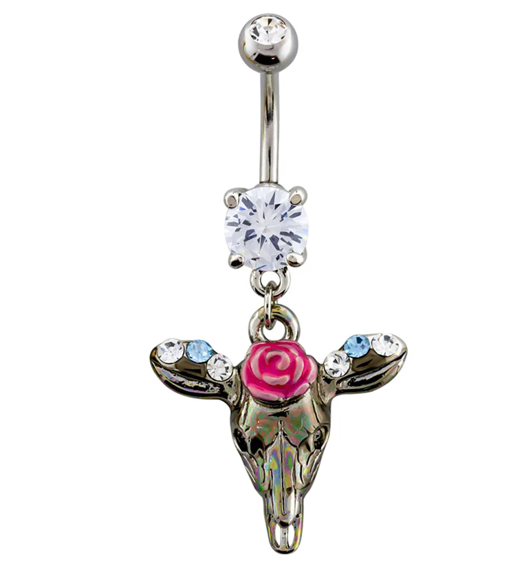 Cow Skull Dangle Chain Belly Button Ring - Mrs Treak