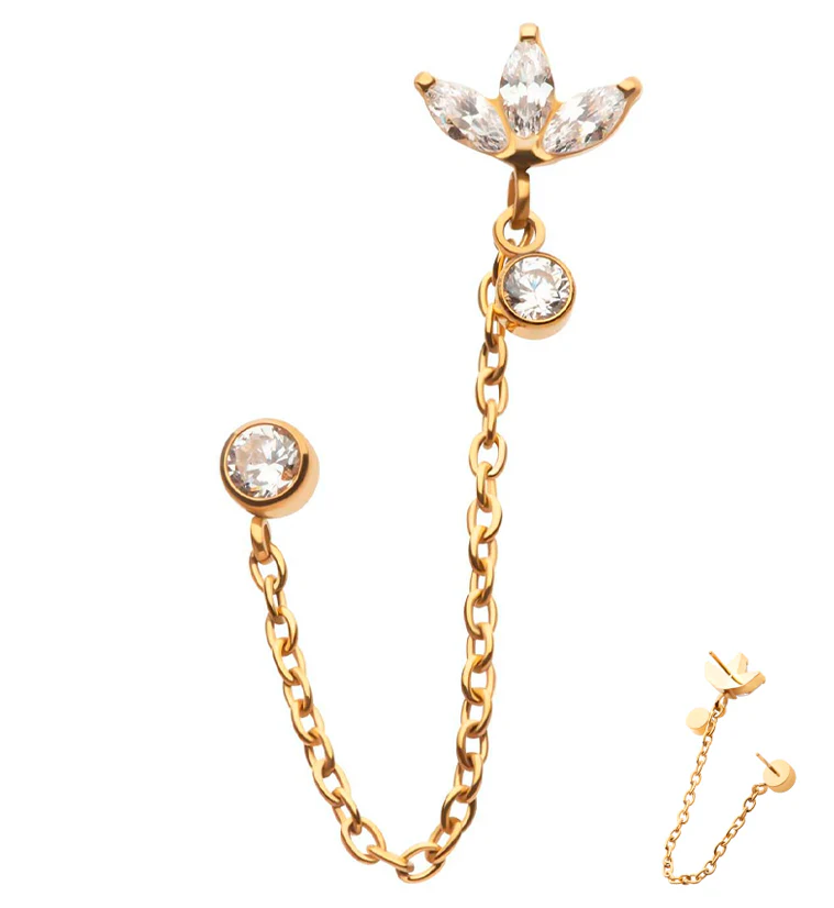 24kt Gold PVD Sepal Clear CZ Connector Cartilage Rolo Chain Threadless Tops - Mrs Treak