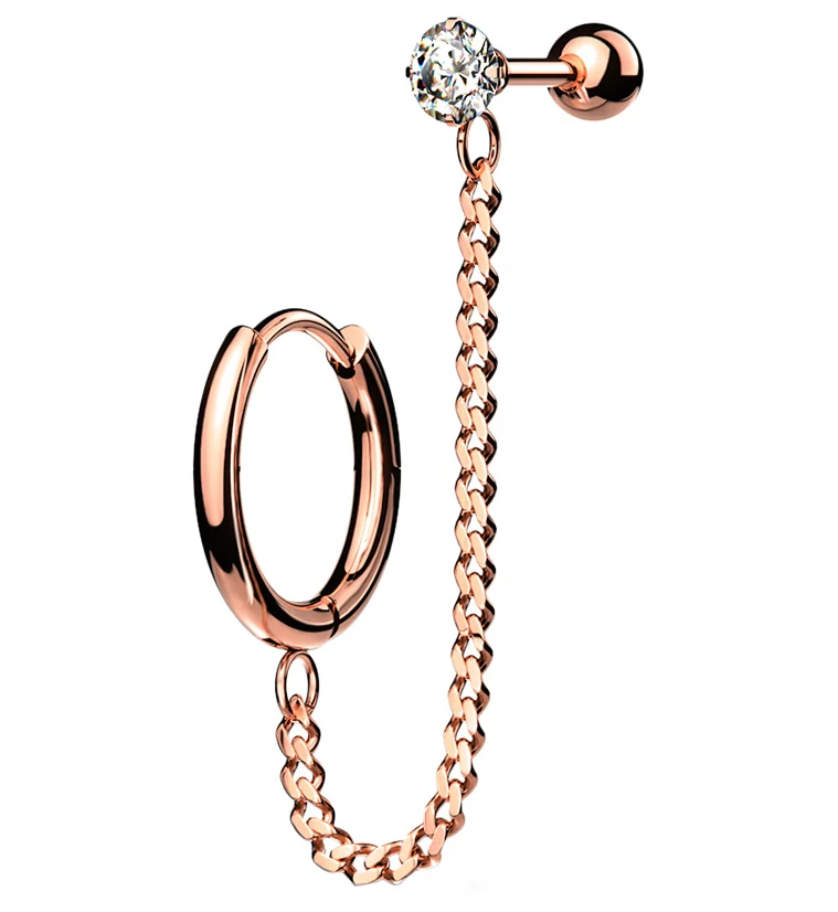 Rose Gold PVD Linked Hinged Hoop Ring & CZ Cartilage Barbell - Mrs Treak